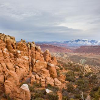 The Fiery furnace is starkly contrasted by the redder canyon and blue tinted snow capped La Sal mountain range beyond.  We did not get to hike the fiery furnace this time around but perhaps next time.  