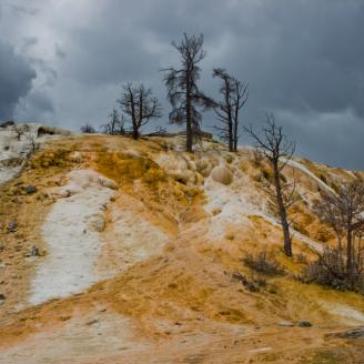 Mammoth hot springs as a storm comes in